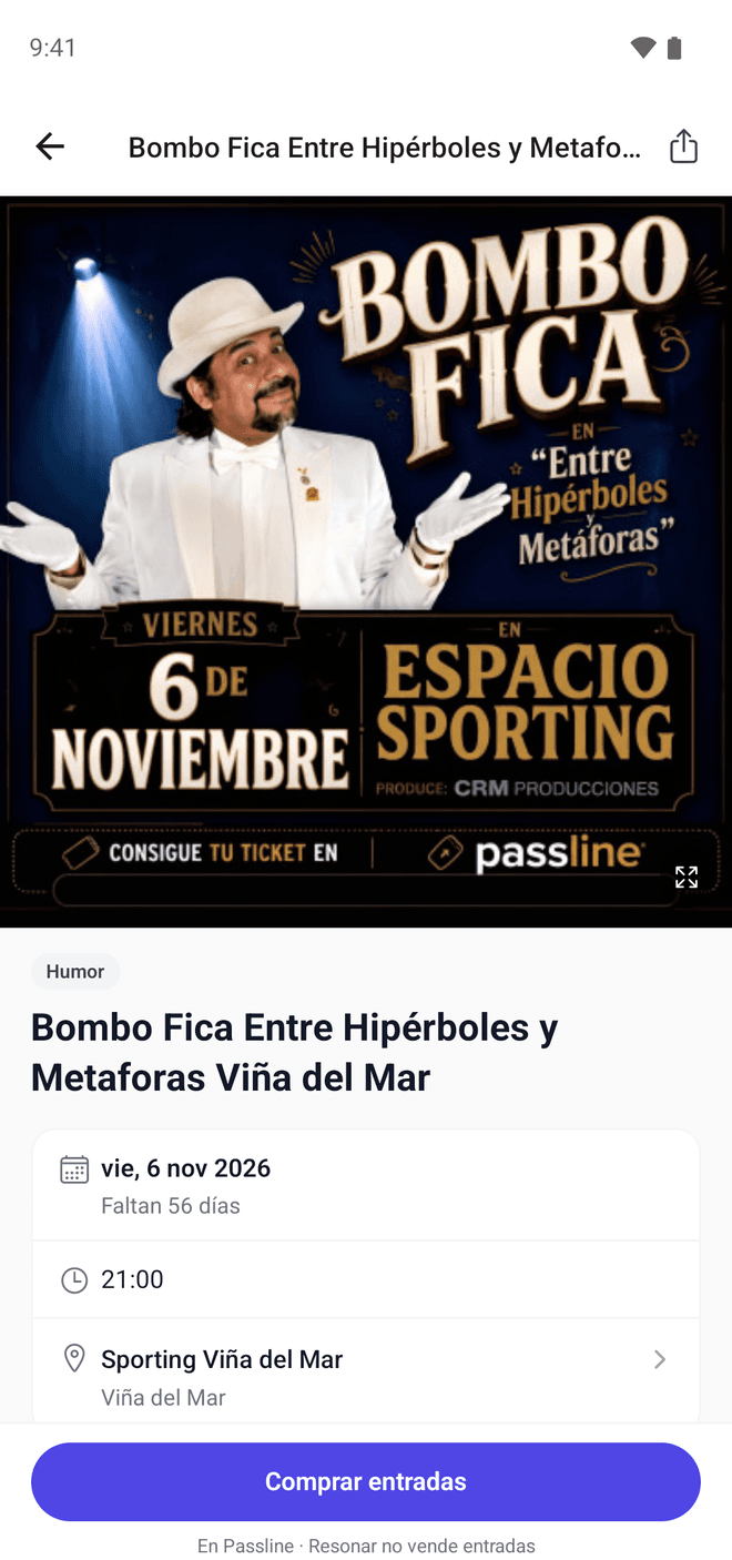 Ficha de un show de humor en Resonar: afiche, fecha con cuenta regresiva, recinto y el botón de comprar que aclara que Resonar no vende entradas.