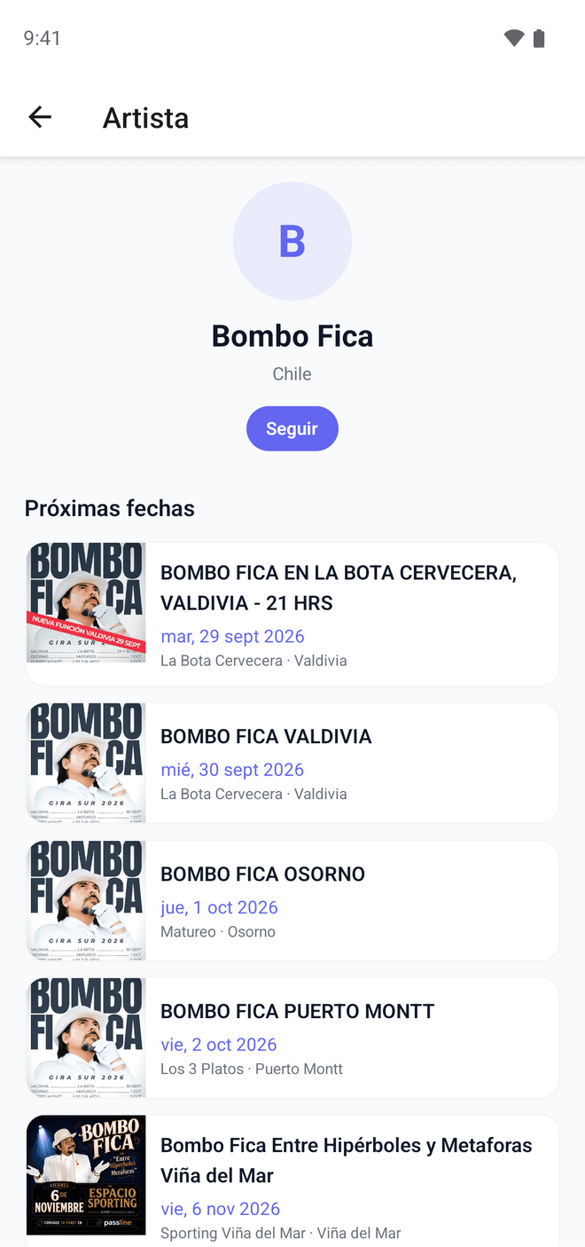 Ficha del humorista Bombo Fica en Resonar, con el botón de seguir y sus fechas en Valdivia, Osorno, Puerto Montt y Viña del Mar.